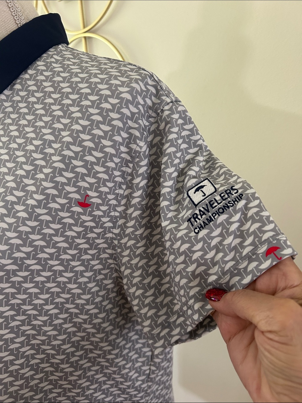Greyson Grey Patterned Umbrella Polo shirt with Navy Contrast Collar, Golf, XL - Picture 4 of 13